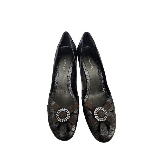 Nine West Leather Black Textured Heels With Rhinestone Bow Accent Size 9M - Picture 3 of 16